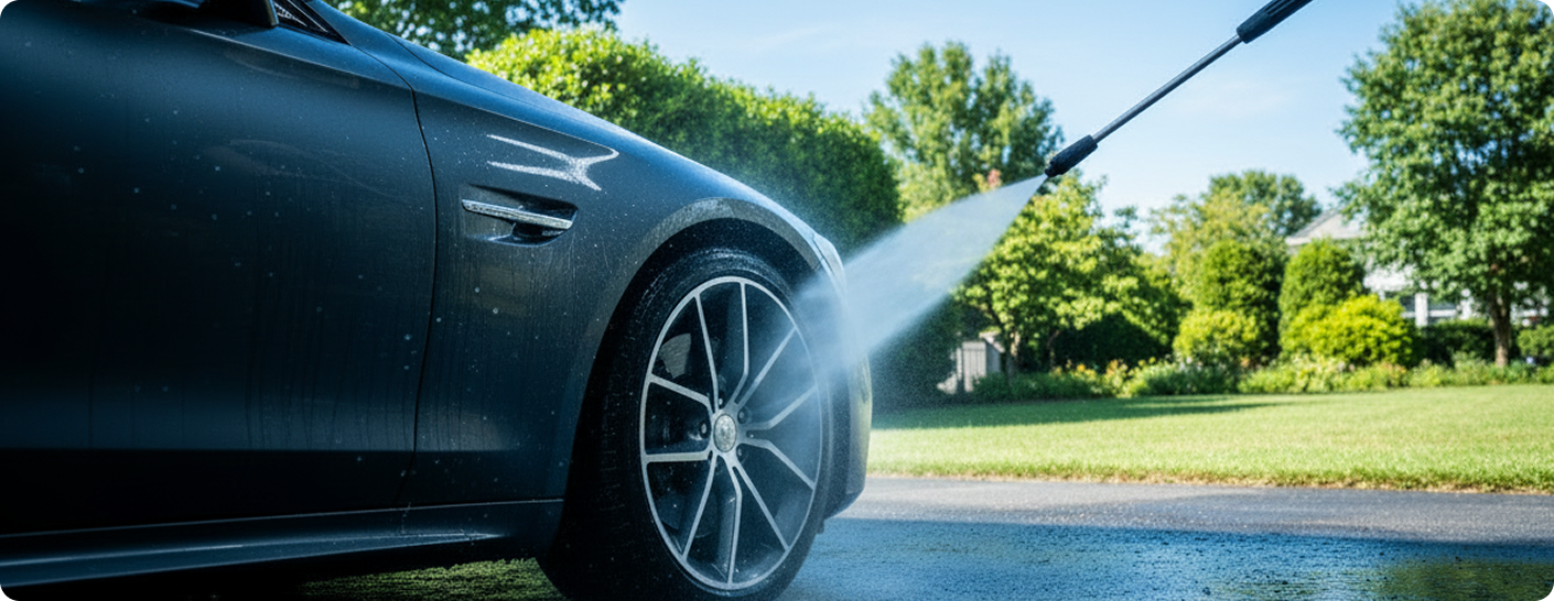 Pressure washer in action — motorcycle cleaning