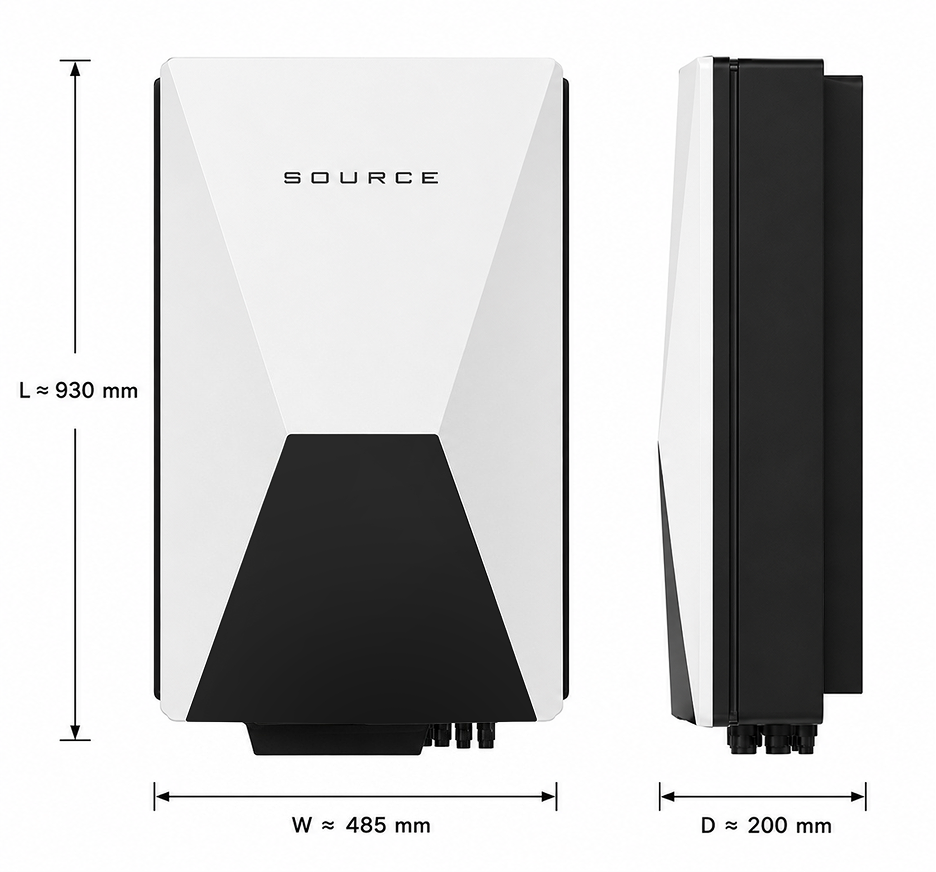 SOURCE model dimensions — front and side views