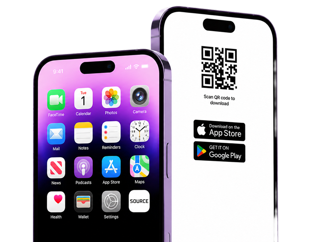 SOURCE monitoring app on iPhone with QR code